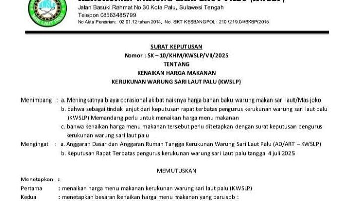 Warung Makan ‘Mas Joko’ di Palu, Sigi dan Donggala Naikkan Harga Mulai 7 Juli 2025, Ini Daftarnya